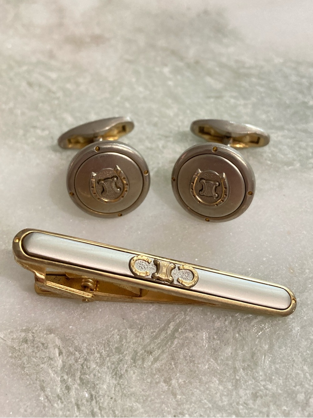 Celine Cuff Links + Tie Clip Set Vintage